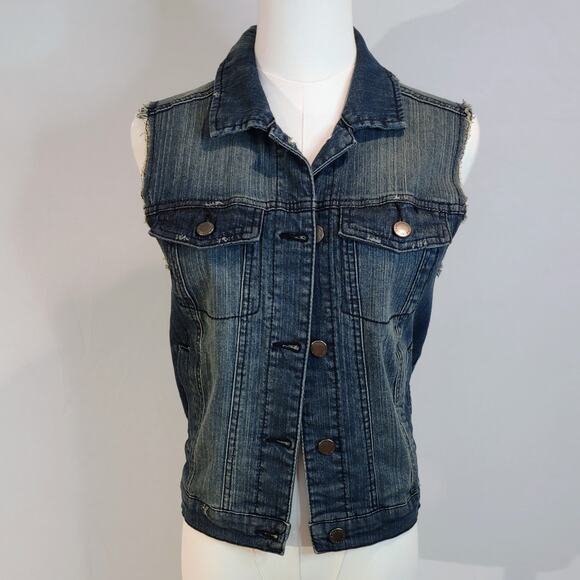 Sapphire Ink Blue Denim Cross Studded distressed Vintage Jean Vest Size S. - Picture 2 of 7